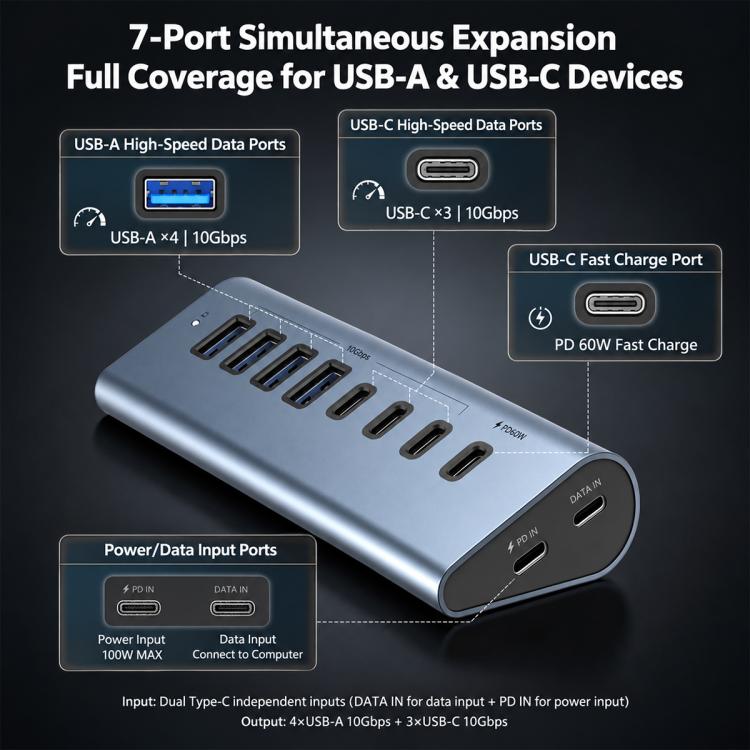 HAS-4A4C 4 USB-A & 4 USB-C 10Gbps PD60W Max Output USB 3.2 HUB, HAS-4A4C