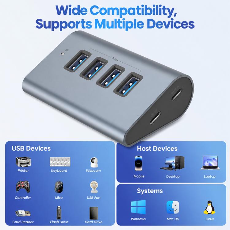 HAS-4A 4-Port USB-A 5Gbps Max Output USB 3.0 HUB, HAS-4A