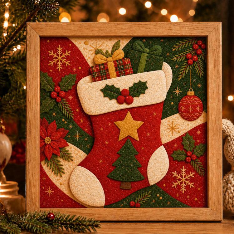 DIY Christmas Fabric Art Painting Kit, 20cm With Frame