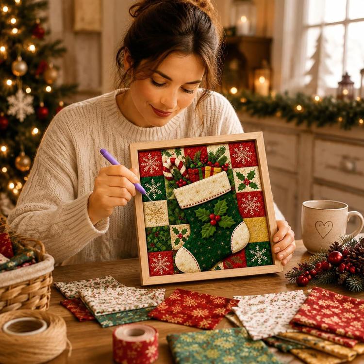 DIY Christmas Fabric Art Painting Kit, 20cm With Frame