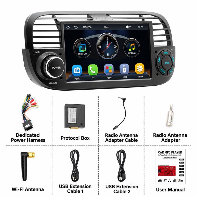 7 inch Car MP5 Player Wireless Central Control Smart Screen for Fiat 500 2007-2015, For Fiat 500 2007-2015(Black), For Fiat 500 2007-2015(Beige)