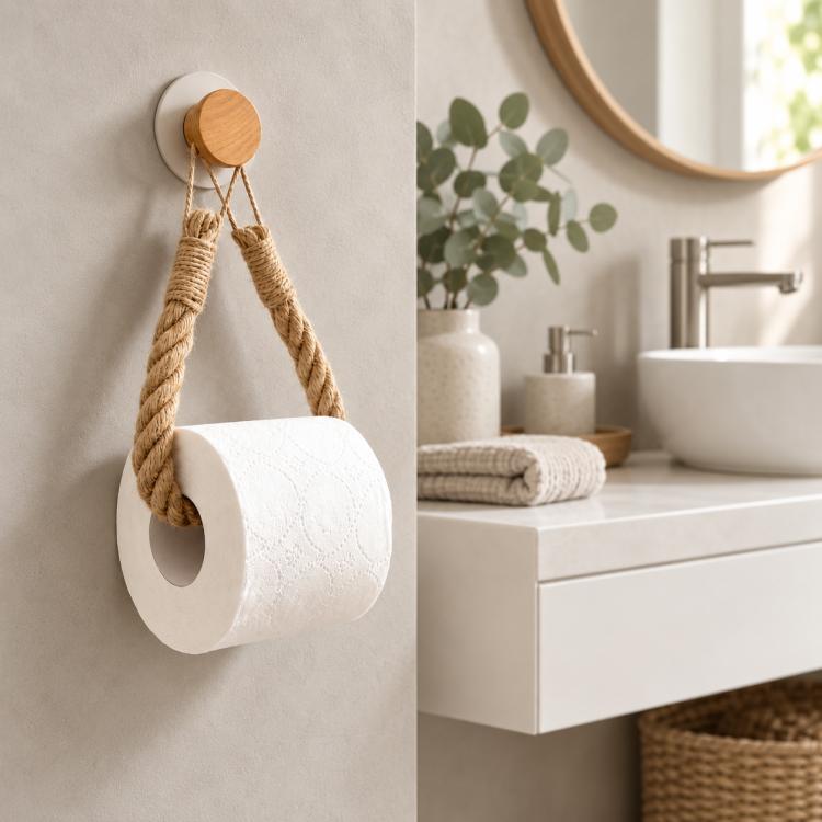 Wooden Twine Toilet Paper Holder Towel Rack with Hooks, Ordinary Hooks, Wooden Hooks
