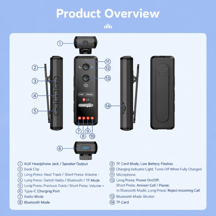 C23 Portable Clip-on Mini Bluetooth Radio MP3 Player with 3.5mm Earphone