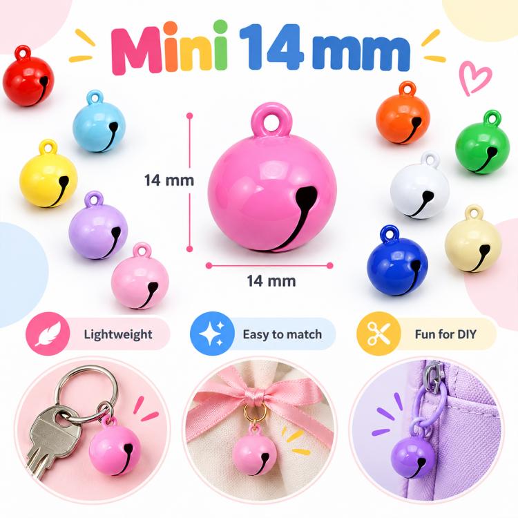 100 PCS/Pack Painted Small Round Bell Charms for DIY Keychains, Pet Accessories and Christmas Decor, 14mm