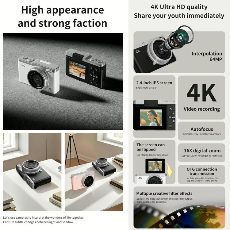 D72 4K Digital Camera with 180 Degree Flip Screen, 5MP Sensor, AF Auto Focus, 16X Digital Zoom and Flash