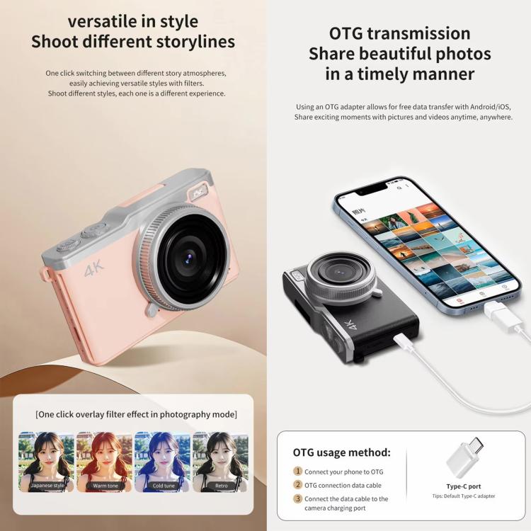 D72 4K Digital Camera with 180 Degree Flip Screen, 5MP Sensor, AF Auto Focus, 16X Digital Zoom and Flash