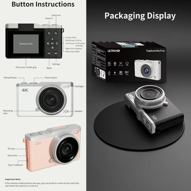 D72 4K Digital Camera with 180 Degree Flip Screen, 5MP Sensor, AF Auto Focus, 16X Digital Zoom and Flash