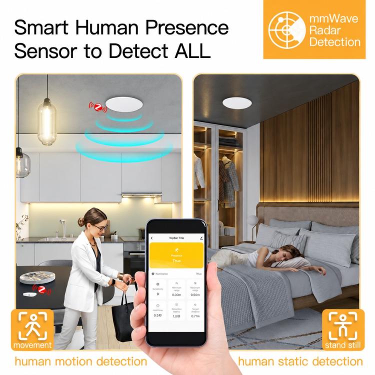 Smart Home PIR Human Motion Sensor with App Timer Remote Control Presence Detector, WiFi Human Presence Sensor, Compatible With ZigBee