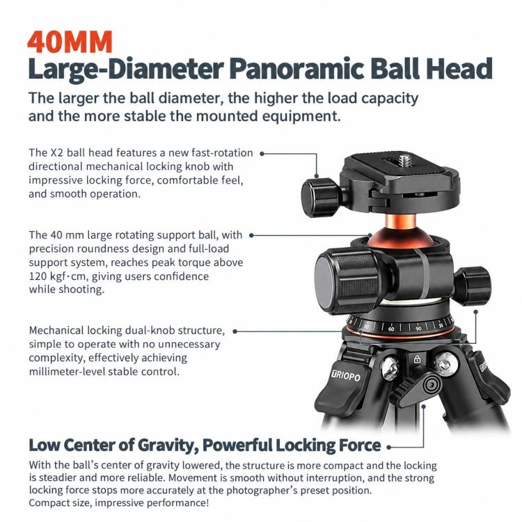 TRIOPO TS-254B+X2 Carbon Fiber Tripod with Ball Head for Photography and Video Shooting, TS-254B+X2