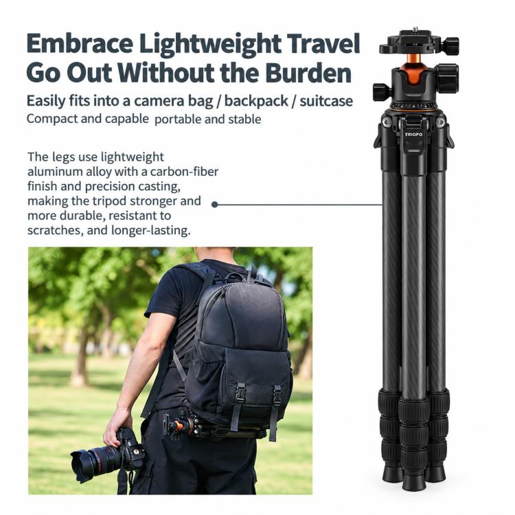 TRIOPO TS-254X+X2 Carbon Fiber Tripod with Ball Head for Photography and Video Shooting, TS-254X+X2