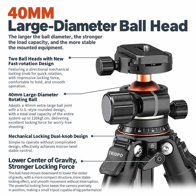 TRIOPO TS-254X+X2 Carbon Fiber Tripod with Ball Head for Photography and Video Shooting, TS-254X+X2
