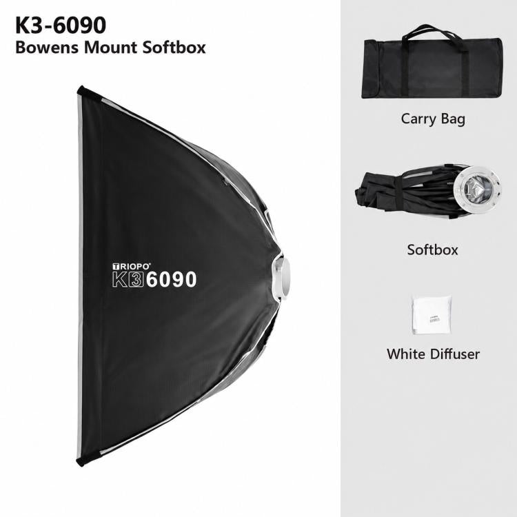 TRIOPO K3 Series Side-Fold Rectangular Quick-Mount Softbox, K3-6090 Bowens, K3-6090 Bowens + Grid, K3-6090 Top Light, K3-6090 Top Light + Grid, K3-30120 Bowens, K3-30120 Bowens + Grid, K3-30120 Top Light, K3-30120 Top Light + Grid
