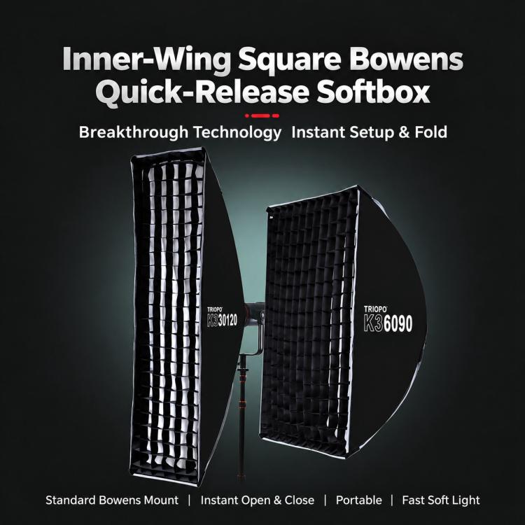 TRIOPO K3 Series Side-Fold Rectangular Quick-Mount Softbox, K3-6090 Bowens, K3-6090 Bowens + Grid, K3-6090 Top Light, K3-6090 Top Light + Grid, K3-30120 Bowens, K3-30120 Bowens + Grid, K3-30120 Top Light, K3-30120 Top Light + Grid