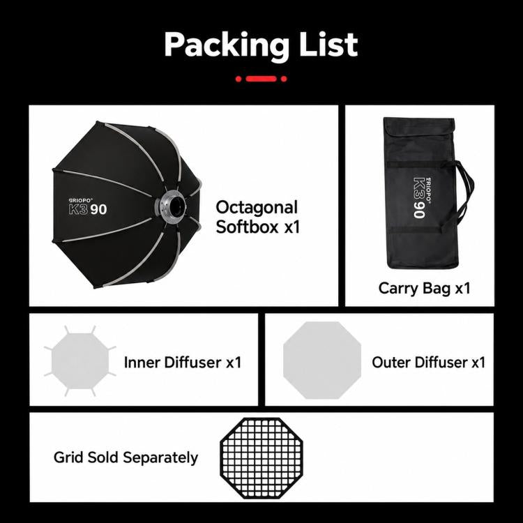 TRIOPO K3 Series Quick Setup Octagon Softbox with Detachable Bowens Mount, K3-55, K3-55 + Grid, K3-65, K3-65 + Grid, K3-90, K3-90 + Grid, K3-120, K3-120 + Grid
