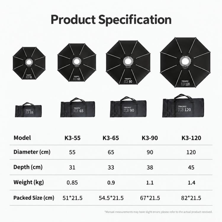 TRIOPO K3 Series Quick Setup Octagon Softbox with Detachable Bowens Mount, K3-55, K3-55 + Grid, K3-65, K3-65 + Grid, K3-90, K3-90 + Grid, K3-120, K3-120 + Grid