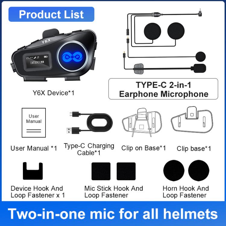 Y6X Intercom Helmet BT Headset For 4-person, 2-in-1 Mic, Soft Mic, Hard Mic