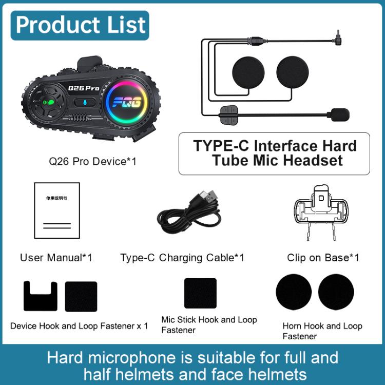 Q26 Pro Motorcycle Helmet Wireless Walkie-Talkie Bluetooth Earphone For 2-person, Hard Mic, Soft Mic, Hard + Soft Mic