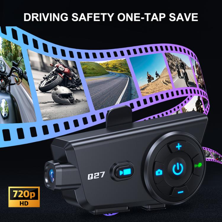 Q27 Motorcycle Helmet Wireless Walkie-Talkie Bluetooth Earphone with Dash Cam, Hard Mic, Soft Mic, Hard + Soft Mic
