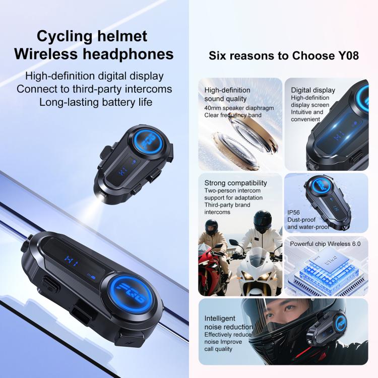 Y8 Intercom Helmet BT Headset For 2-person, 2-in-1 Mic, Soft Mic, Hard Mic