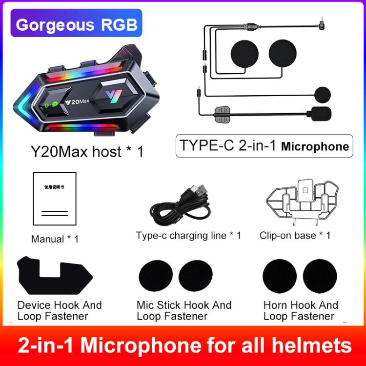 Y20 MAX BT 5.3 Intercom Headset with 16 RGB Light Effects, AI Voice Assistant, Two-Way, 2-in-1 Mic, Soft Mic, Hard Mic