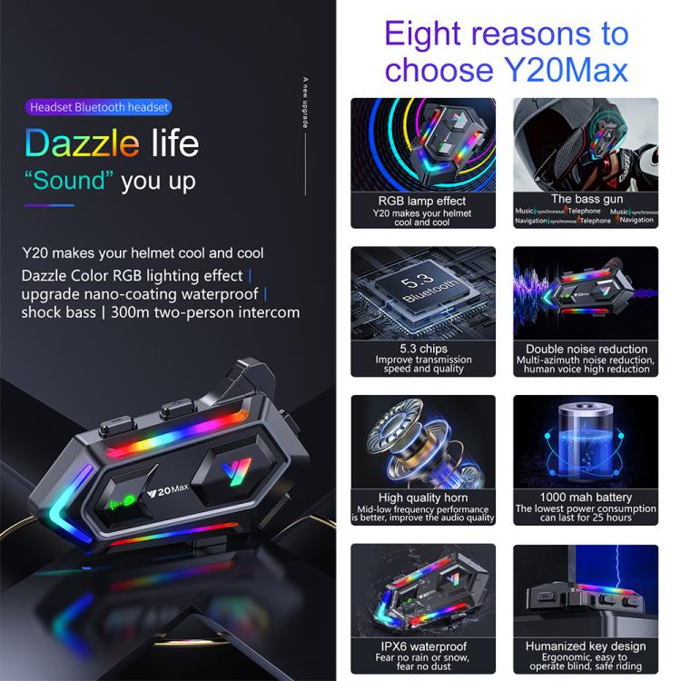 Y20 MAX BT 5.3 Intercom Headset with 16 RGB Light Effects, AI Voice Assistant, Two-Way, 2-in-1 Mic, Soft Mic, Hard Mic