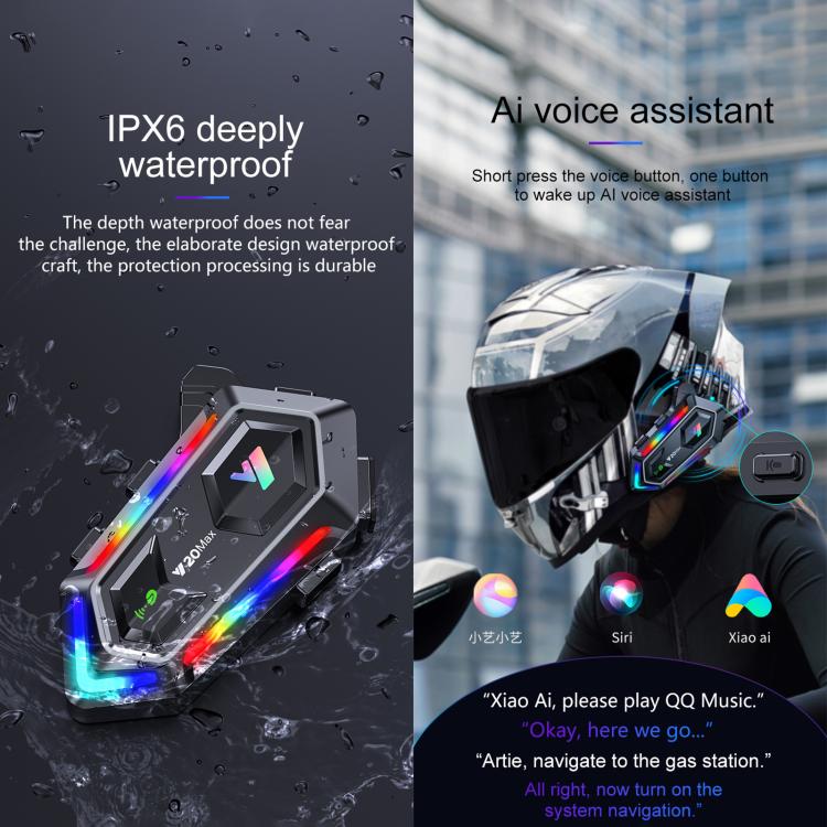 Y20 MAX BT 5.3 Intercom Headset with 16 RGB Light Effects, AI Voice Assistant, Two-Way, 2-in-1 Mic, Soft Mic, Hard Mic