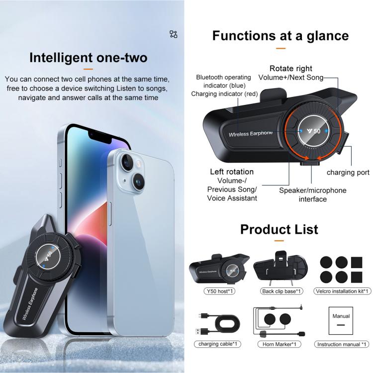 Y50 Standard Edition BT Helmet Intercom Headset, AI Voice Assistant, IPX6 Waterproof, 2-in-1 Mic, Soft Mic, Hard Mic