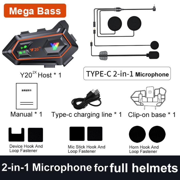 Y20-2x Motorcycle Helmet Intercom Headset, CVC Noise Reduction, AI Voice Assistant, IPX6 Waterproof, 2-in-1 Mic, Soft Mic, Hard Mic