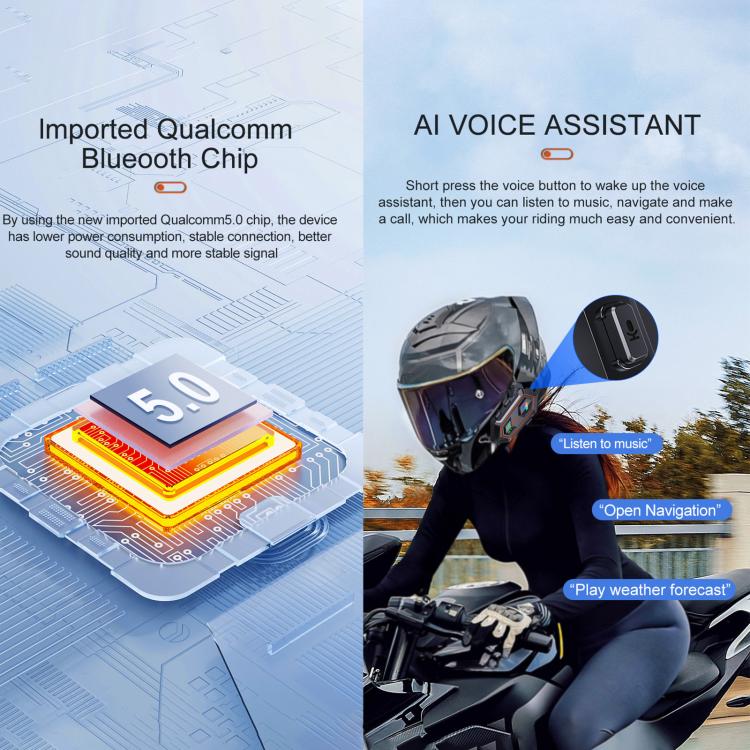 Y20-2x Motorcycle Helmet Intercom Headset, CVC Noise Reduction, AI Voice Assistant, IPX6 Waterproof, 2-in-1 Mic, Soft Mic, Hard Mic
