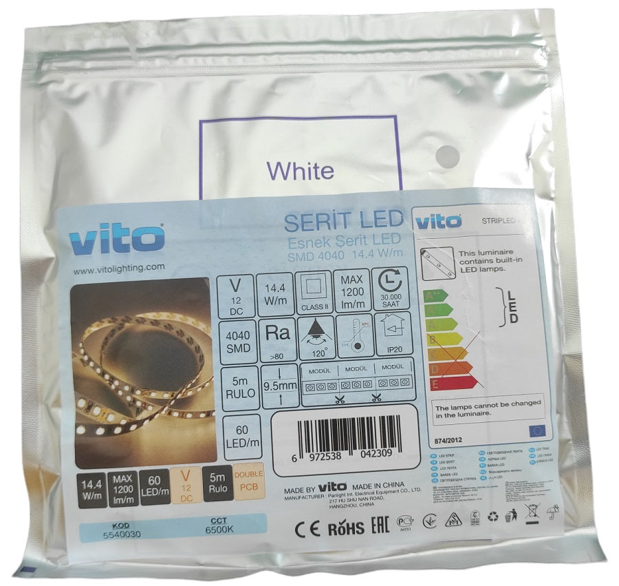 Striscia LED 14,4W/m 1200lm luce fredda 6500K 12V IP20 5m Vito 6972538042309 5540030 EL1558