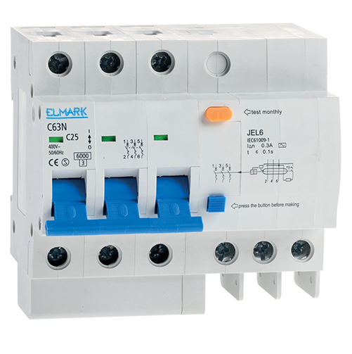 Interruttore differenziale con controllo elettronico di corrente residua JEL6 C16 3P 16A/300MA Elmark
