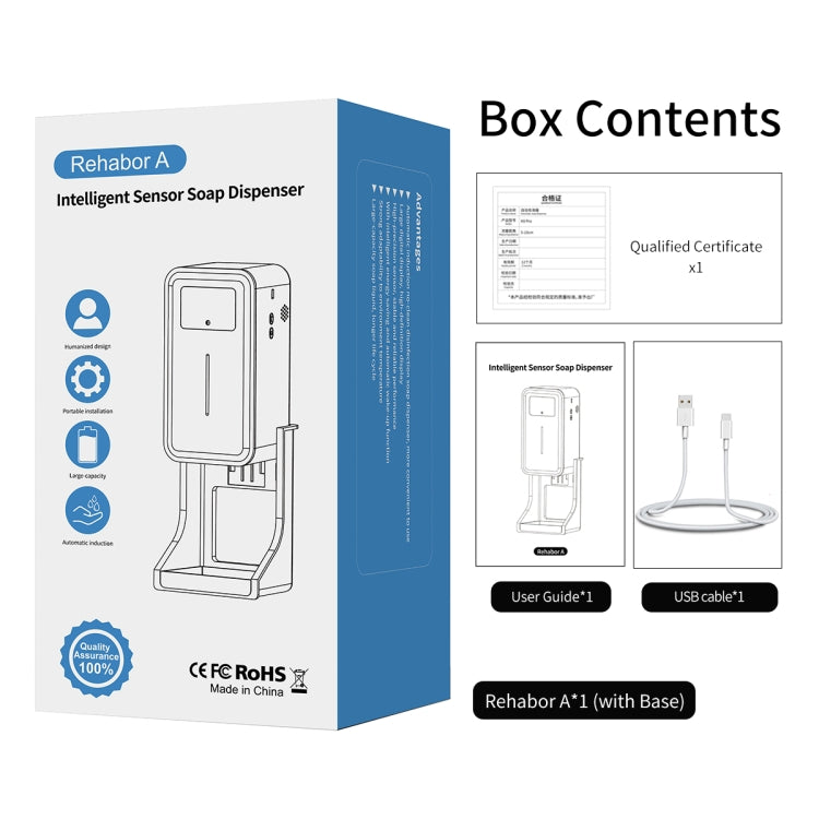 Rehabor A Termometro con sensore di distanza sensibile alla luce a mani libere e senza contatto + Dispenser automatico per spruzzatura di sapone liquido senza contatto da 450 ml con supporto su base, Rehabor A