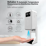 Rehabor A Termometro con sensore di distanza sensibile alla luce a mani libere e senza contatto + Dispenser automatico per spruzzatura di sapone liquido senza contatto da 450 ml con supporto su base, Rehabor A