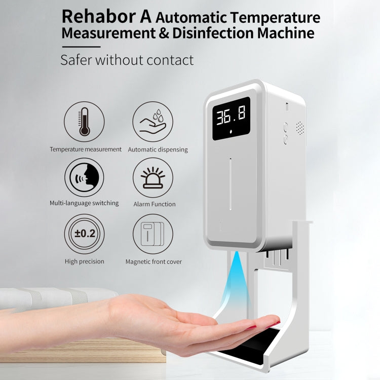 Rehabor A Termometro con sensore di distanza sensibile alla luce a mani libere e senza contatto + Dispenser automatico per spruzzatura di sapone liquido senza contatto da 450 ml con supporto su base, Rehabor A