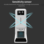 Rehabor A Termometro con sensore di distanza sensibile alla luce a mani libere e senza contatto + Dispenser automatico per spruzzatura di sapone liquido senza contatto da 450 ml con supporto su base, Rehabor A