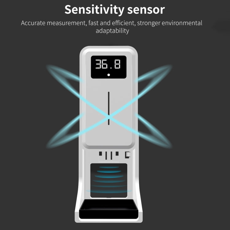 Rehabor A Termometro con sensore di distanza sensibile alla luce a mani libere e senza contatto + Dispenser automatico per spruzzatura di sapone liquido senza contatto da 450 ml con supporto su base, Rehabor A