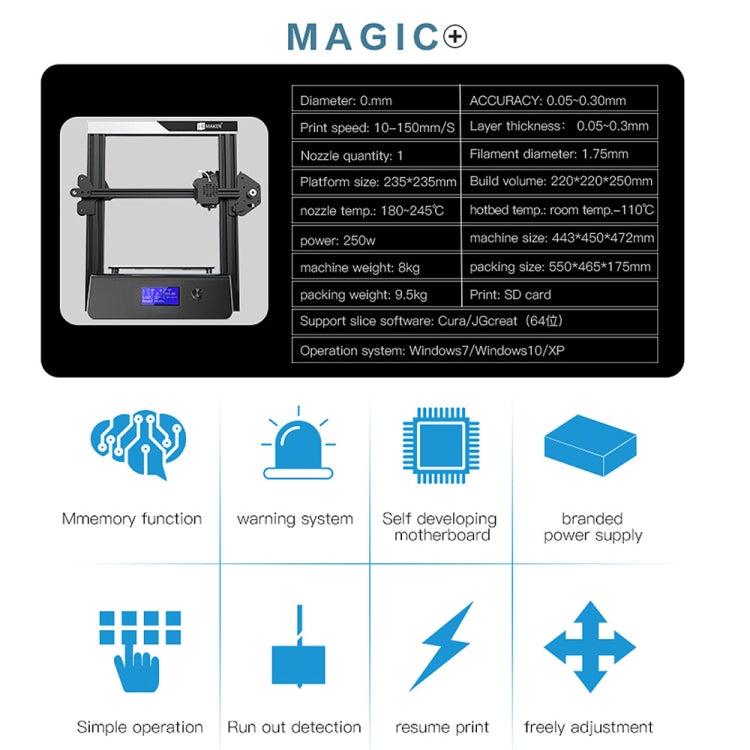 Stampante 3D desktop con display LCD JGAURORA Magic 250W con controllo della manopola