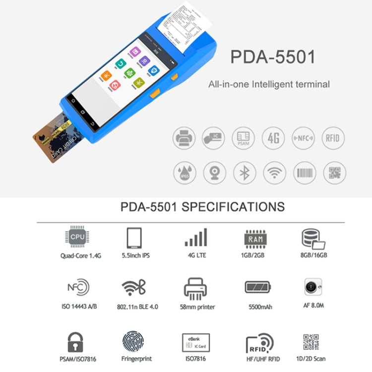 PDA-5501 Schermo IPS multifunzione da 5,5 pollici Protezione IP65 Terminale intelligente tutto in uno, stampante termica integrata, microfono e altoparlante, supporto WiFi, Bluetooth e GPS