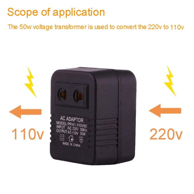 AC Power Socket Adapter 220V to 110V 50W EU/US Plug to US Plug, 220V to 110V 50W