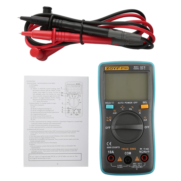ZOYI ZT101 600V CAT III / 1000V CAT II 6000 Conti Multimetro digitale portatile Tester di tensione corrente CA/CC con schermo LCD retroilluminato e supporto, ZT101
