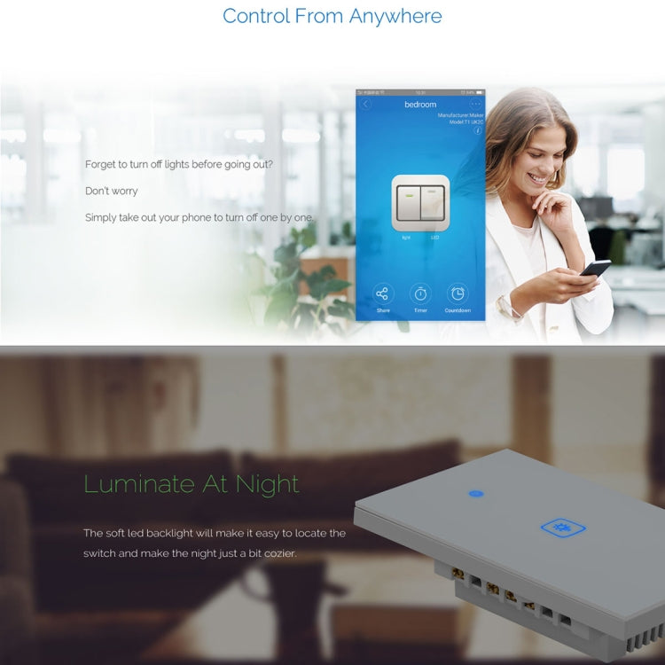 WS-US-01 APP EWeLink e controllo touch 2A 1 gruppo interruttore a parete intelligente con pannello in vetro temperato, CA 90 V-250 V, spina americana, 1 Gang