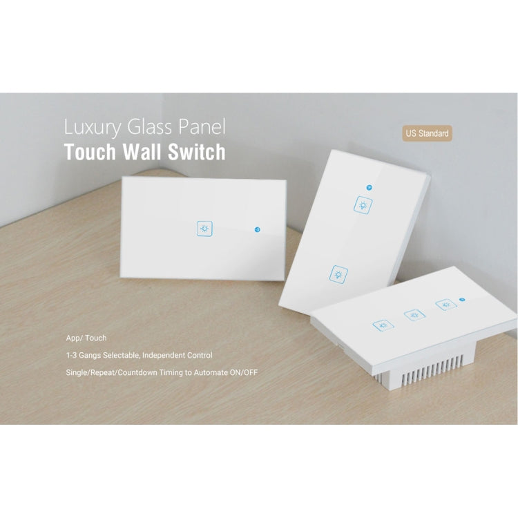 WS-US-02 EWeLink APP and Touch Control 2A 2 Gang Tempered Glass Panel Smart Wall Switch AC 90V-250V US Socket, 2 Gangs