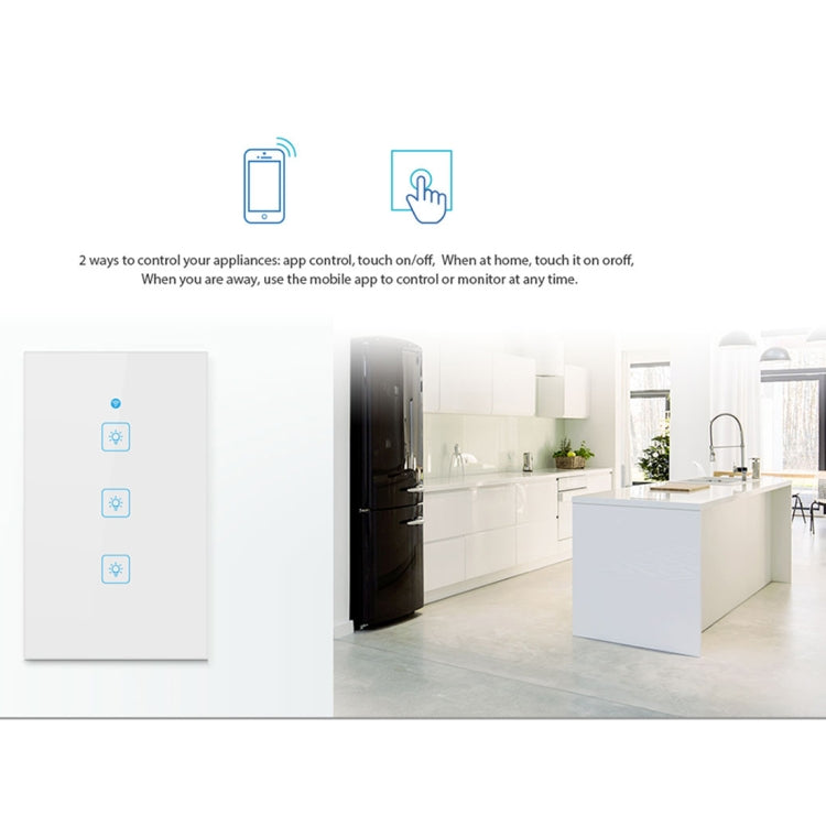 WS-US-02 EWeLink APP and Touch Control 2A 2 Gang Tempered Glass Panel Smart Wall Switch AC 90V-250V US Socket, 2 Gangs