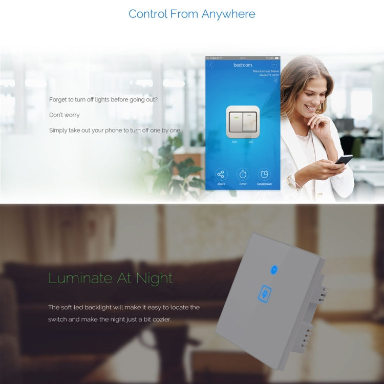 WS-UK-01 EWeLink APP and Touch Control 2A 1 Gang Smart Wall Switch with Tempered Glass Panel, AC 90V-250V, UK Socket, 1 Gang