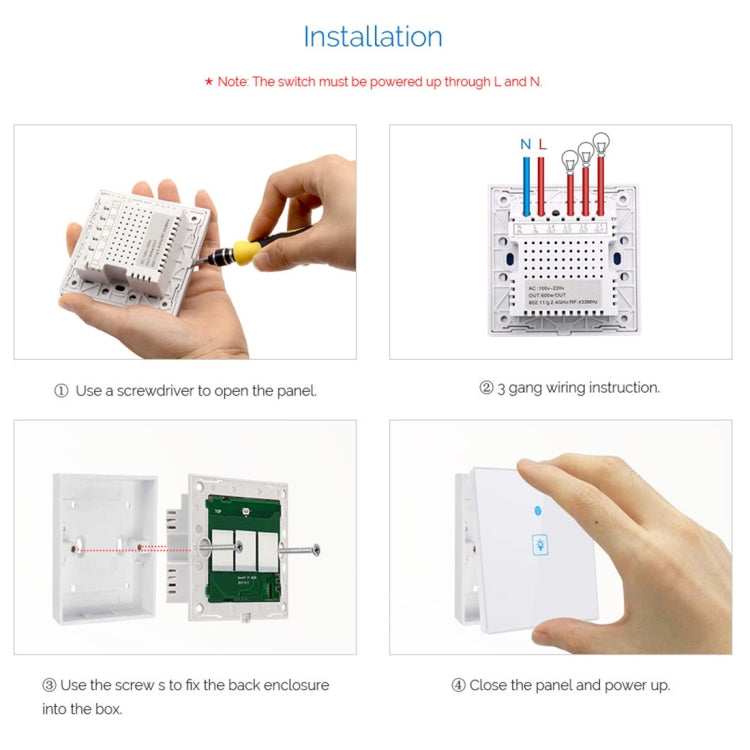 WS-UK-01 EWeLink APP and Touch Control 2A 1 Gang Smart Wall Switch with Tempered Glass Panel, AC 90V-250V, UK Socket, 1 Gang