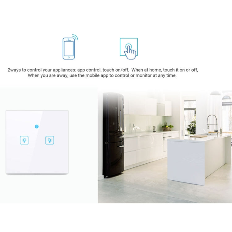 WS-UK-02 EWeLink APP and Touch Control 2A 2 Gang Tempered Glass Panel Smart Wall Switch AC 90V-250V UK Socket 2 Gangs