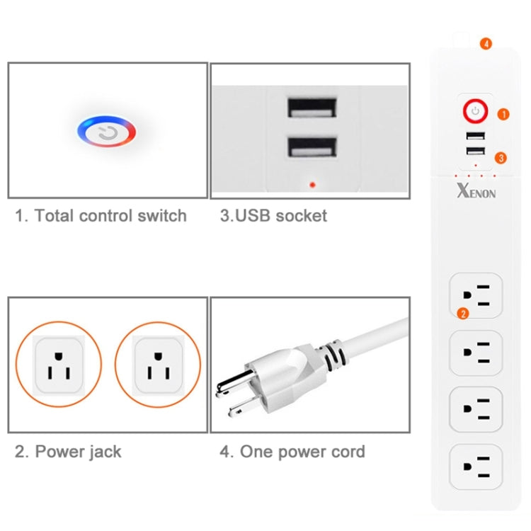 2 porte USB + 4 prese US Jack Presa di alimentazione intelligente con telecomando WiFi Funziona con Alexa e Google Home, Lunghezza cavo: 1,5 m, CA 110-240 V, Spina USA, 4xUSB + 3xUS Plug(US Plug)