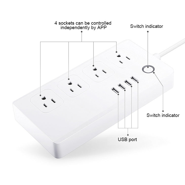 4 porte USB + 4 prese US Jack Presa di alimentazione intelligente con telecomando WiFi Funziona con Alexa e Google Home, CA 110-240 V, presa US, 4xUSB + 4xUS Plug(US Plug)