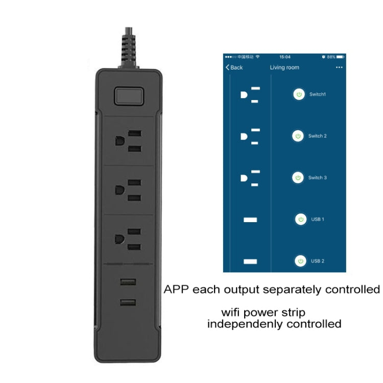 C198B 2 USB Ports + 3 US Outlets WiFi Smart Power Socket, Compatible with Alexa and Google Home, AC 110V-240V, US Plug, Black, White