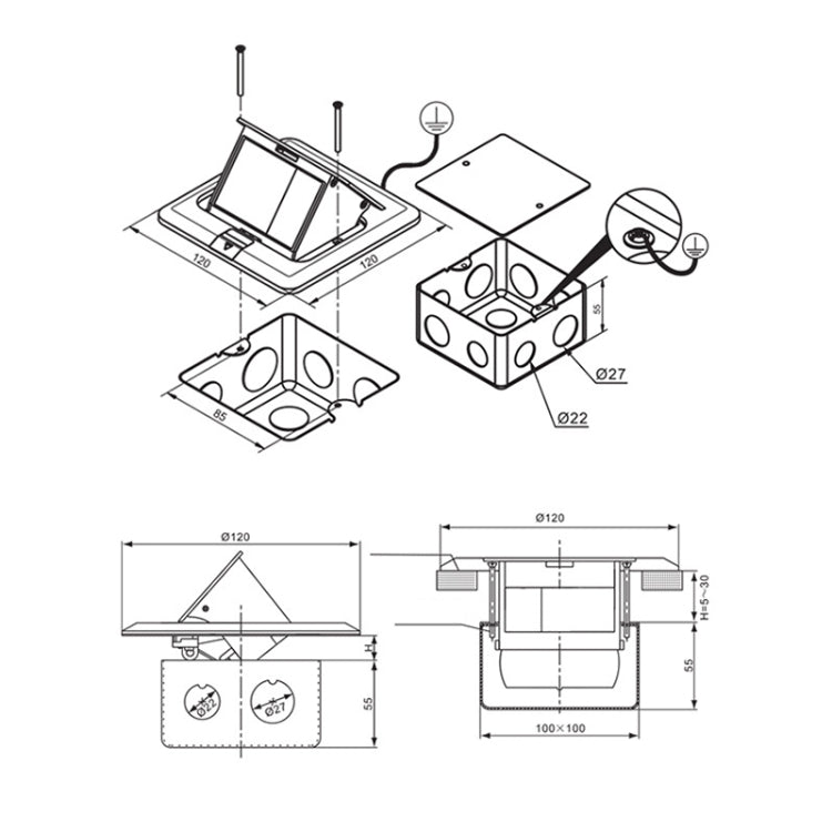 Pop-up Aluminum Alloy Hidden Computer Floor Socket with Bottom Cover Box, EU Plug